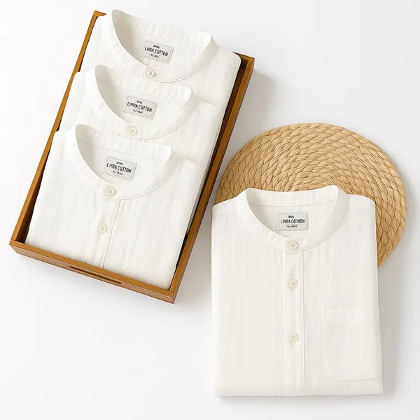 Men's Mandarin Collar Premium Line White Cotton Linen Shirt Half Sleeves (Pack Of 4)