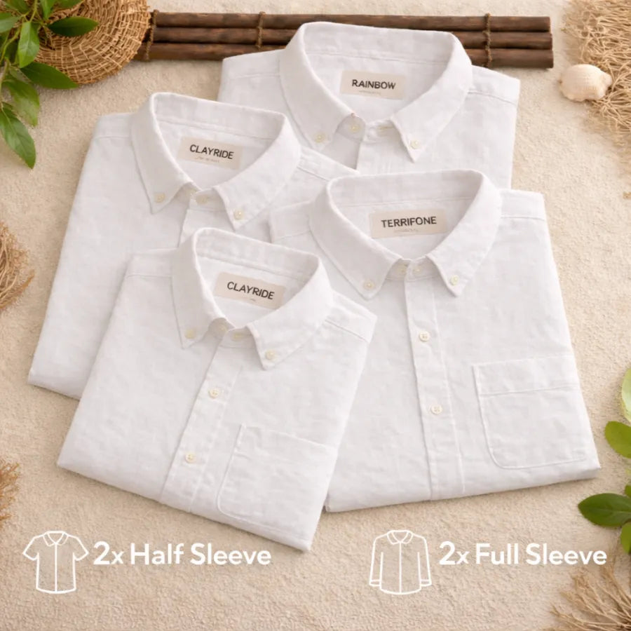 Men's Premium Line White Cotton Linen Shirt (Pack Of 4)
